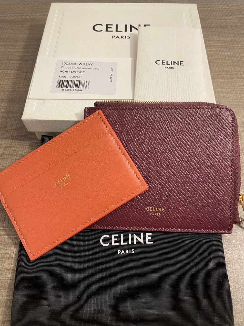 Celine Leather Zip Pouch and Card Holder in Burgundy and Orange